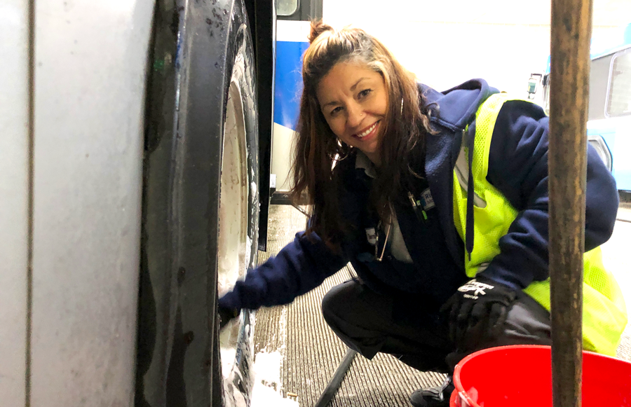 Service worker cleaning bus